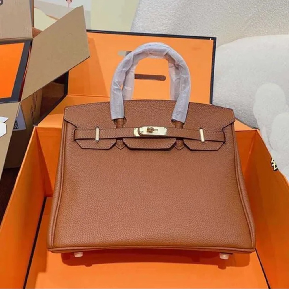 Brown Leather Satchel with Gold Hardware birkin inspired
